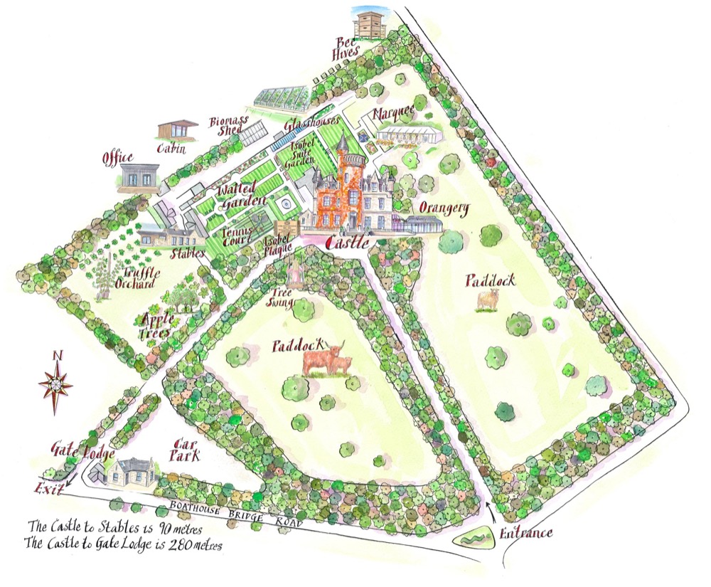 A hand-drawn map of the Carlowrie estate: the castle at the centre with the orangery and marquee beside it, the walled garden, glasshouses and tennis court behind, the Stables and truffle orchard to the west, the Gate Lodge and car park by the road, and two paddocks to the south