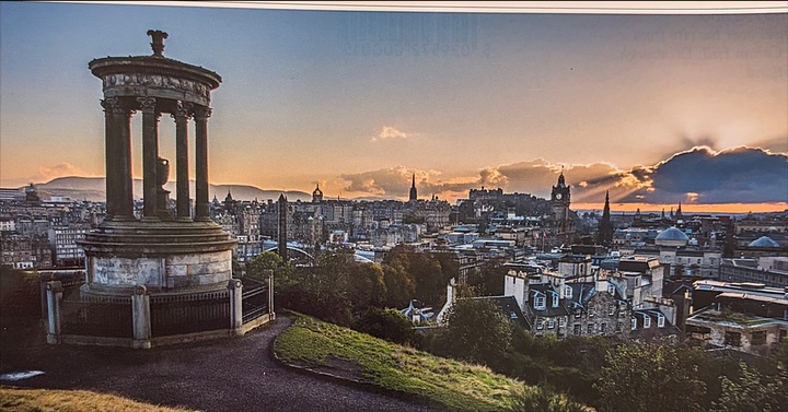 The Dugald Stewart Monument on Calton Hill at sunset