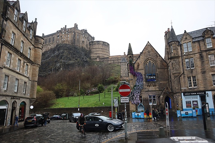 The Grassmarket on a wet afternoon, Edinburgh Castle on the rock above it